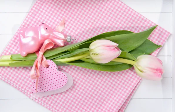 Picture flowers, holiday, toy, rabbit, Easter, tulips, pink, postcard