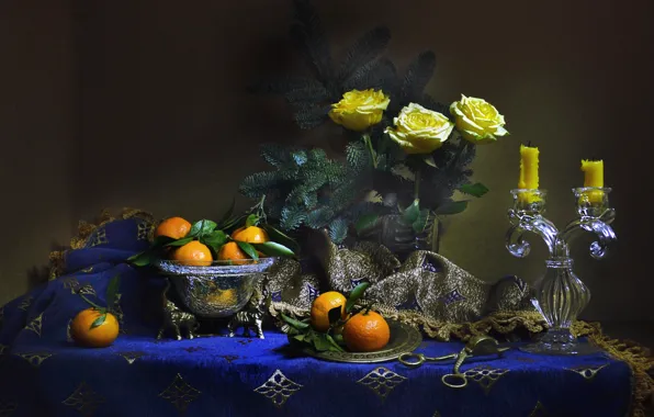 Flowers, branches, roses, spruce, candles, vase, still life, tablecloth