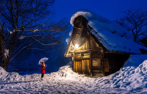 Winter, girl, snow, trees, night, umbrella, house, girl