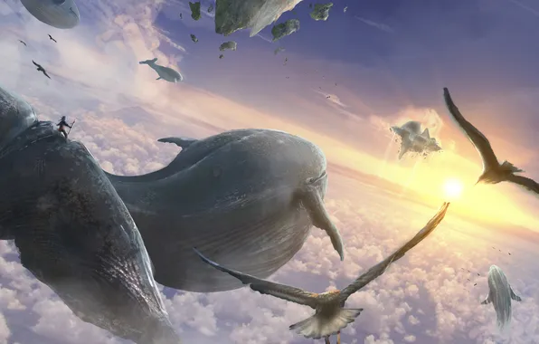 The sky, clouds, whales, fly, flying whales