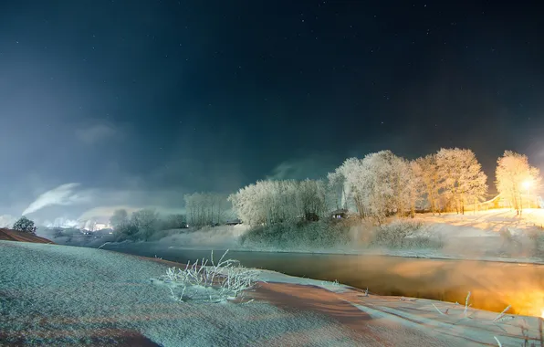 Picture winter, frost, snow, river, Night