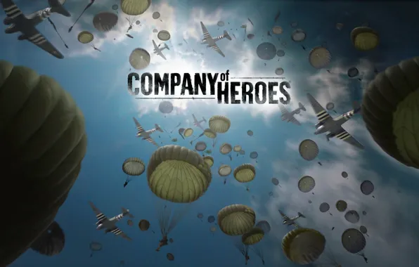 The sky, THQ, aircraft, Company of Heroes, Beech, parachutes, Relic Entertainment