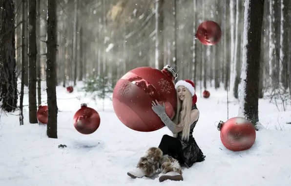 Picture forest, girl, holiday, balls, toys