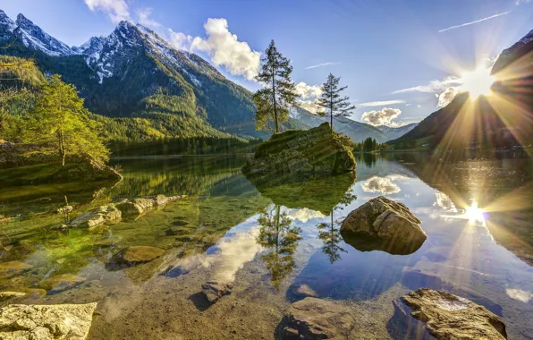 The sun, lake, reflection, Germany, Bayern, Germany, Bavaria, Lake Hintersee