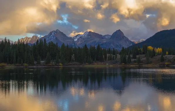 Autumn, forest, the sky, clouds, light, mountains, lake, reflection
