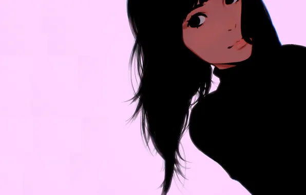 Picture face, black hair, pink background, moles, portrait of a girl, Ilya Kuvshinov
