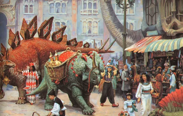 Dinosaurs, Bazaar, fantastic painting of the XX century, JAMES GURNEY