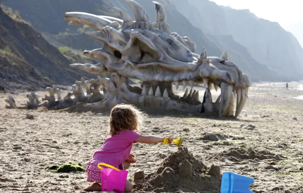 Sand, shore, dinosaur, bones, girl, unearthed