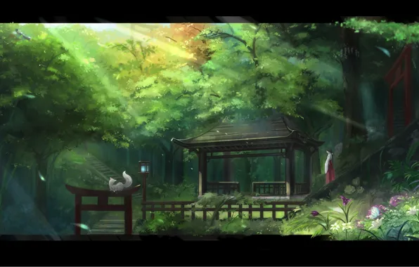 Flowers, ladder, Fox, priestess, gazebo, the rays of the sun, in the woods, torii gate