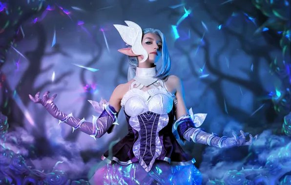 Girl, branches, dress, costume, outfit, gloves, image, crystals