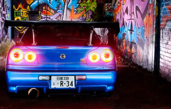 Blue, graffiti, lights, Nissan, Nissan, blue, Skyline, R34