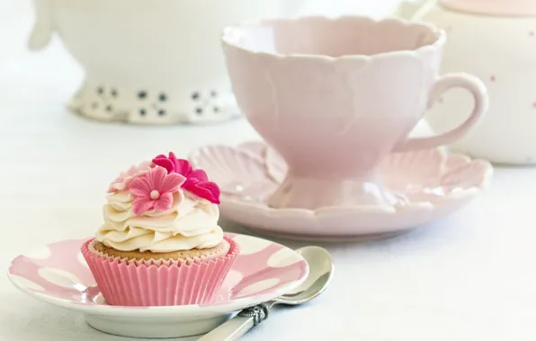 Picture white, flowers, food, dishes, pink, cake, cream, dessert