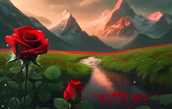 Picture fantasy, mountains, snowy, red roses, landscap