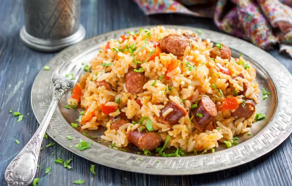 Figure, sausages, pilaf
