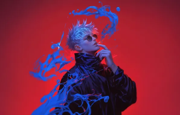 Glasses, jacket, blonde, anime art, dark red background, Satoru Gojo, Satoru Gojo from Jujutsu Kaisen, …