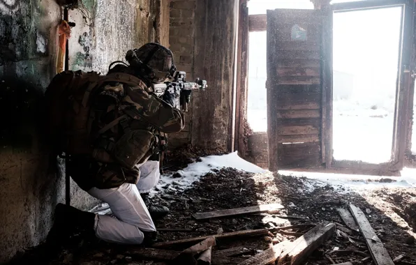 Soldiers, machine, the ruins, equipment