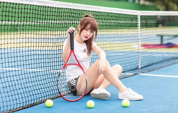 Picture look, mesh, racket, athlete, red hair, red hair, look, tennis court