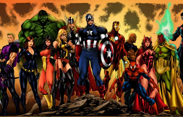 Picture Hulk, Iron Man, Captain America, Thor, Black Widow, Spider-Man, Spider-Woman, She-Hulk