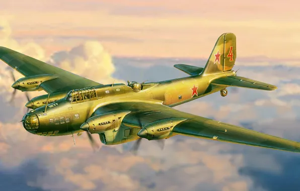 The plane, art, bomber, action, WWII, heavy, Soviet, WW2.