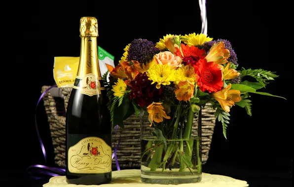 Bottle, bouquet, vase, black background, champagne, basket, gerbera, chrysanthemum