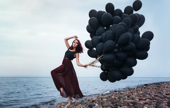 Sea, beach, girl, balls, pose, makeup, outfit, pebbles