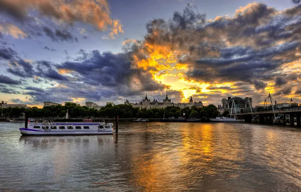 The sky, sunset, clouds, bridge, river, boat