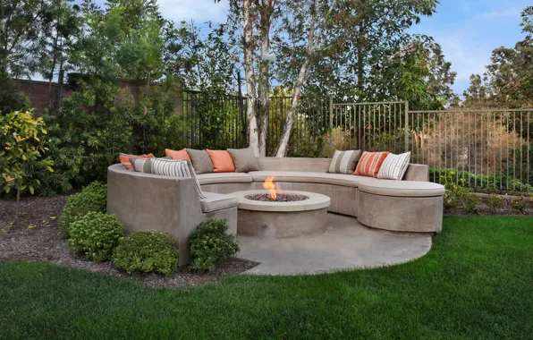 Grass, trees, design, sofa, fire, flame, lawn, the fence