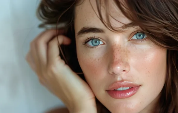 Look, girl, close-up, face, smile, hand, portrait, freckles
