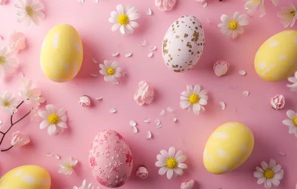 Flowers, holiday, eggs, spring, Easter, placer, pink background, painted