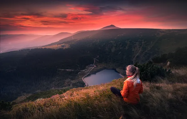 Girl, landscape, sunset, mountains, nature, lake, Poland, tourists