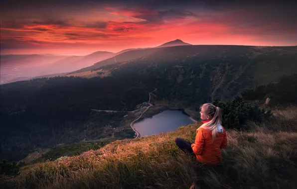 Girl, landscape, sunset, mountains, nature, lake, Poland, tourist