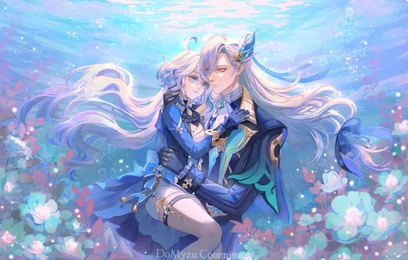 Picture girl, flowers, guy, under water, Genshin Impact, Krishna, Neuvillette