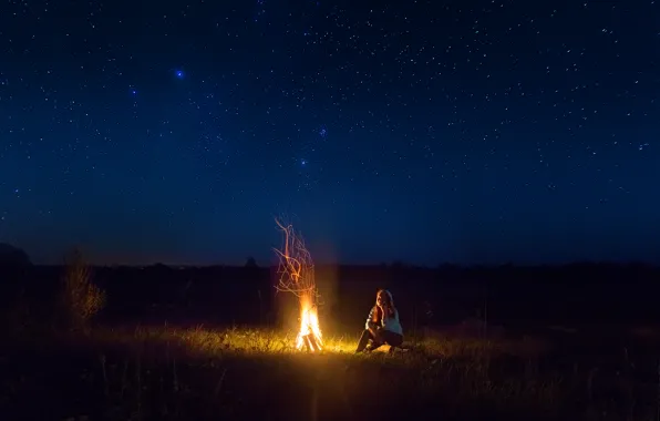 Girl, night, the fire, starry sky
