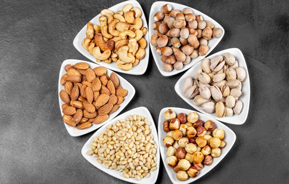 Nuts, almonds, hazelnuts, pistachios, cashews, macadamia