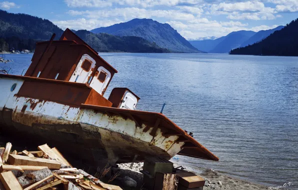 Landscape, mountains, nature, lake, boat, wood, old, wave trough