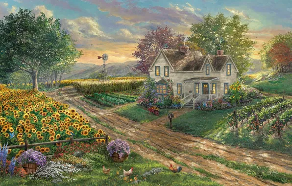 Picture house, sunset, flowers, windmill, Thomas Kinkade, wheelbarrow, poultry, grapevine