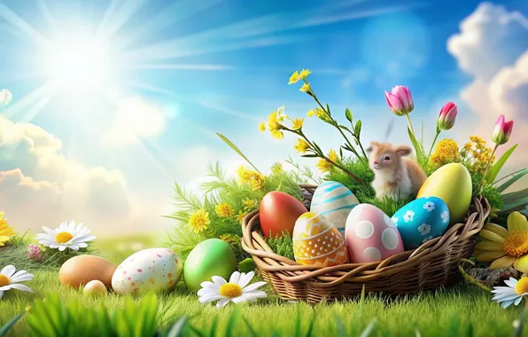 Flowers, eggs, spring, colorful, Easter, flowers, spring, Easter
