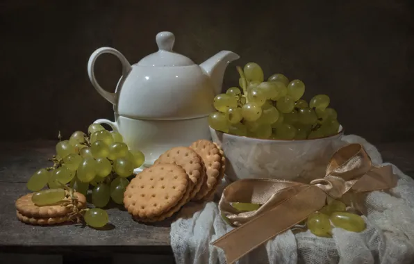 Table, kettle, cookies, grapes, bowl, still life, bow, gauze