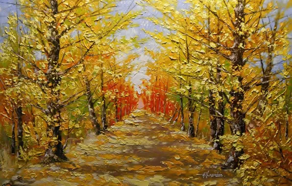 Picture autumn, trees, landscape, foliage, picture, painting, alley, Khodukov