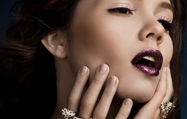 Eyes, girl, face, eyelashes, hands, ring, lips, closeup