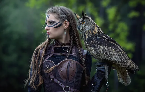 Look, girl, nature, pose, owl, bird, fantasy, hairstyle