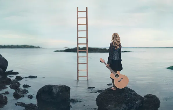 Picture girl, stones, shore, guitar, ladder, Escape Route