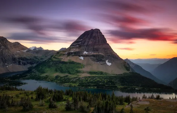 Picture forest, clouds, mountains, river, shore, the evening, pond