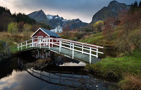 Landscape, mountains, nature, reflection, stream, home, village, Norway