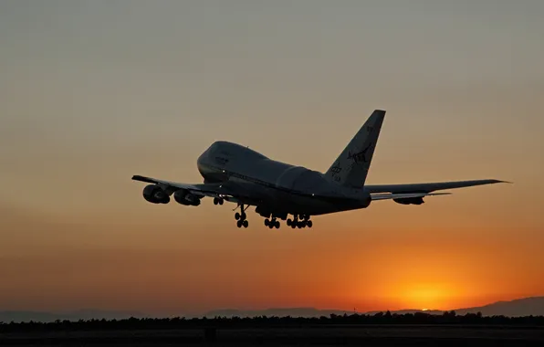 The sky, sunset, silhouette, the plane, the rise