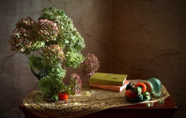 Picture flowers, books, plate, mug, pitcher, fruit, still life, tomatoes