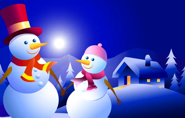 Picture winter, night, new year, Christmas, vector, house, snowman