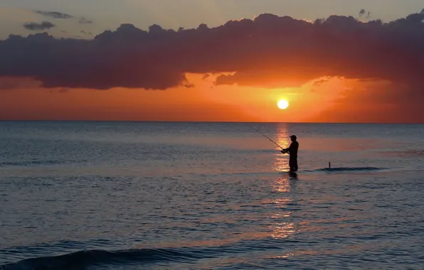 Sea, sunset, fisherman