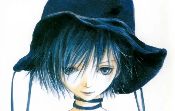 Face, hat, white background, art, bangs, visual novel, chigusa, dolly kiss
