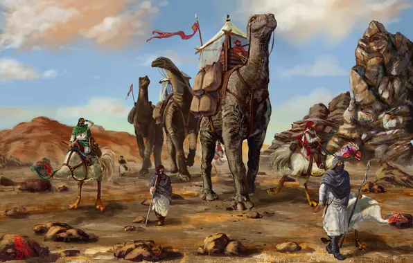 Animals, stones, rocks, bird, art, dinosaurs, caravan, travelers